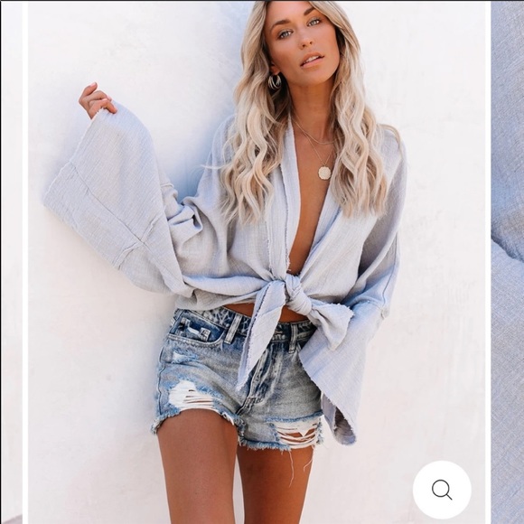 Vici Tops - Vici Cotton Frayed Tie Top - Dusty Blue